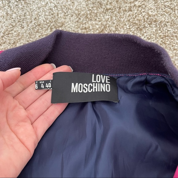 LOVE MOSCHINO Long Bomber Jacket Size 4 Pink Satin - Picture 10 of 11